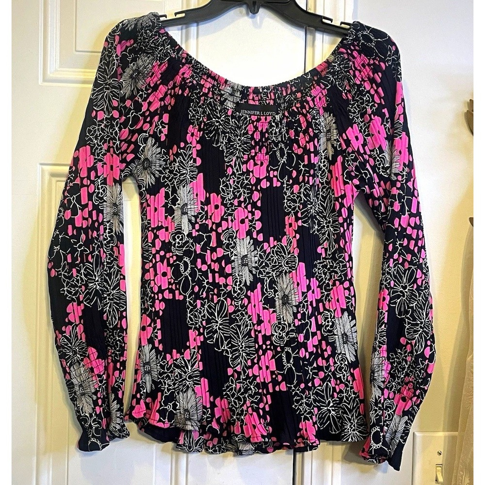 VTG Y2K Jennifer Lloyd Bell Sleeve Micro Pleated Floral Top Size L Pink Black